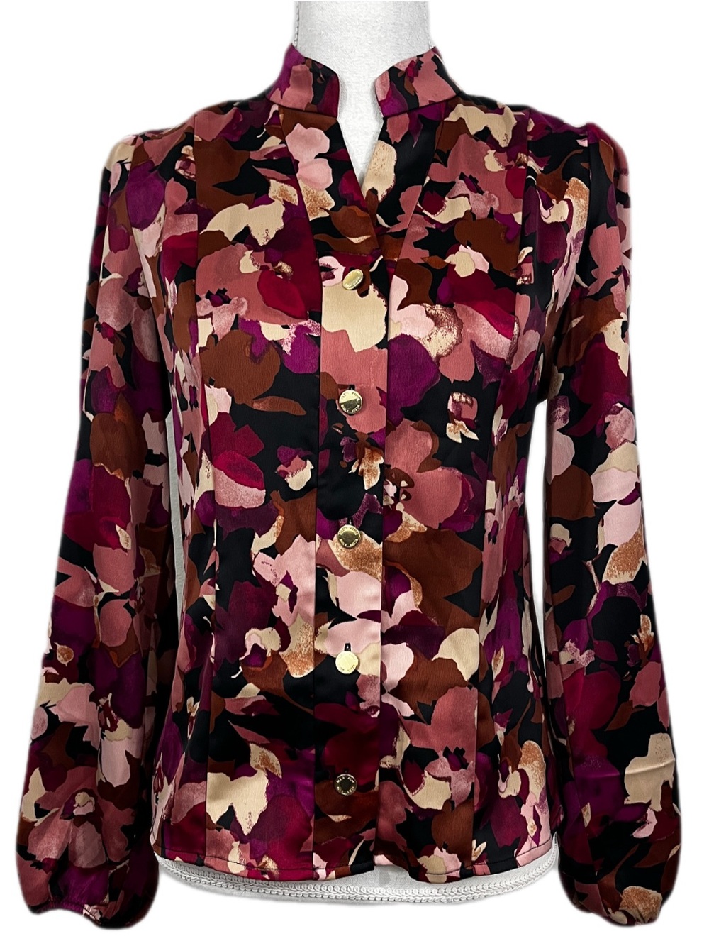 Anne Klein Floral Button-Front Blouse in Burgundy, Pink & Brown